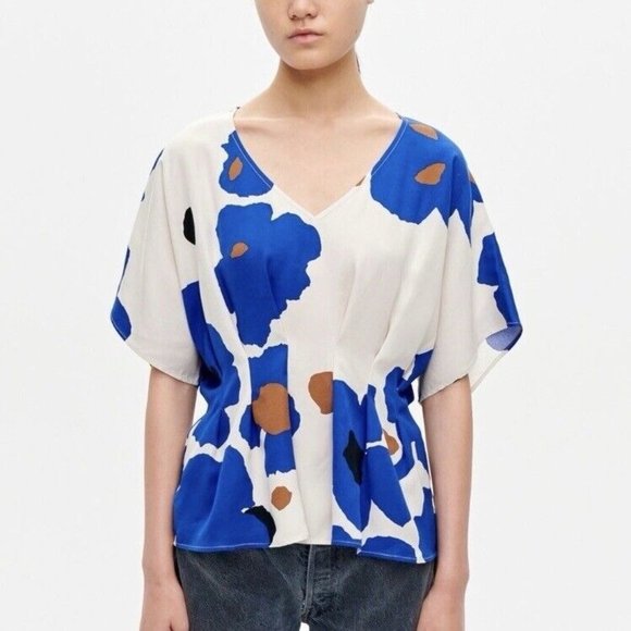 MARIMEKKO Agda Liito Blue Floral Short Sleeve Peplum Blouse Sz 36 / US Small - Picture 1 of 8